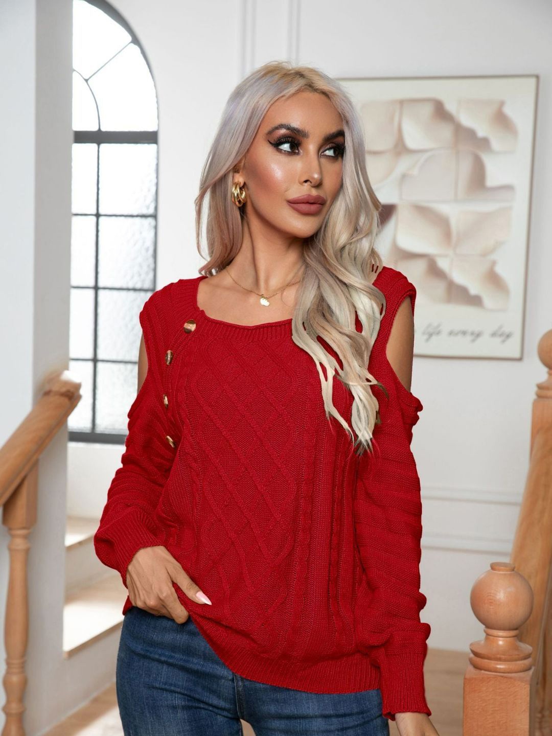 

Oh Rare Women Cable Knit Self Design Pullover, Red