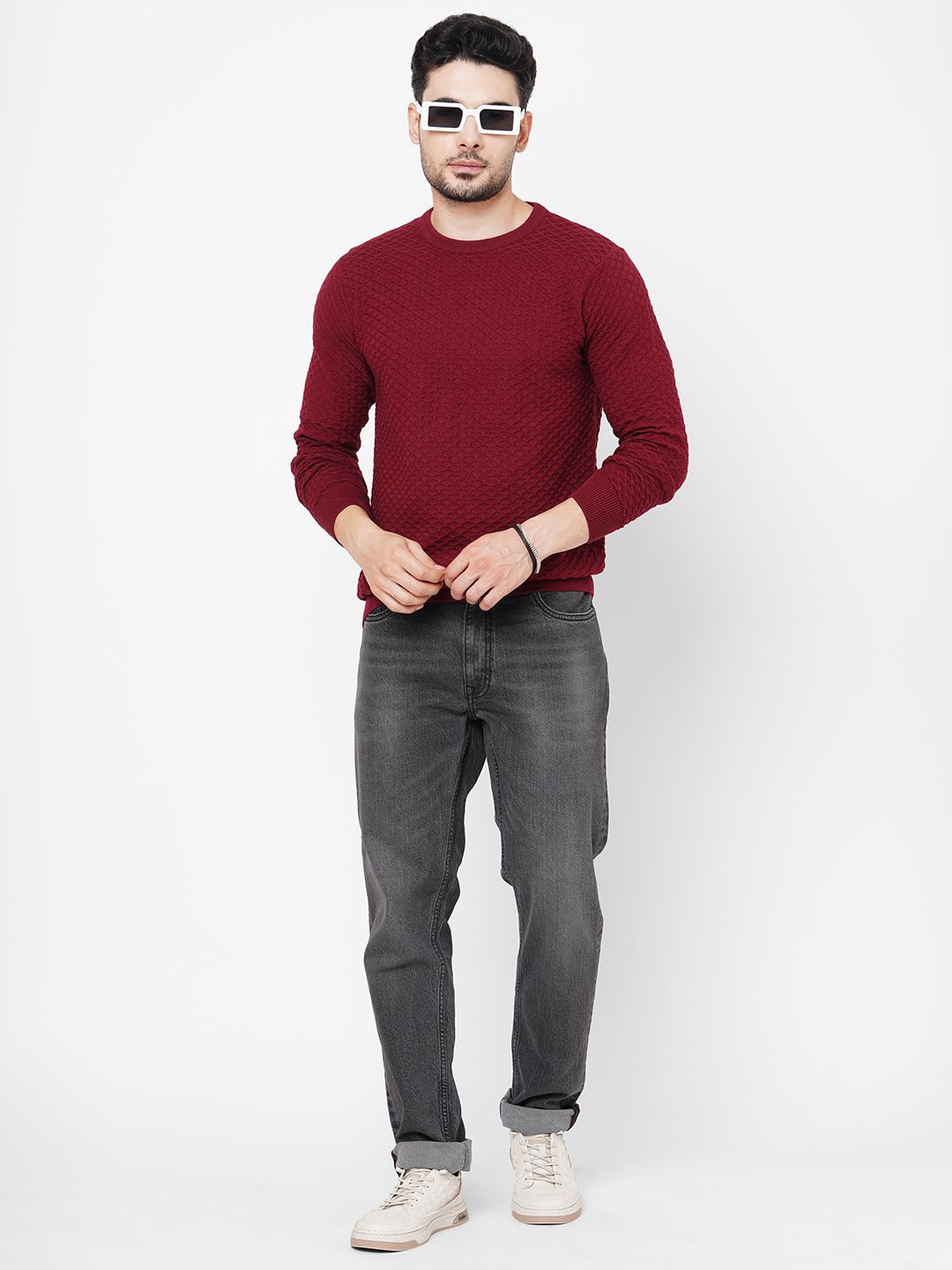 

Loopers Men Self Design Cotton Sweatshirt, Maroon