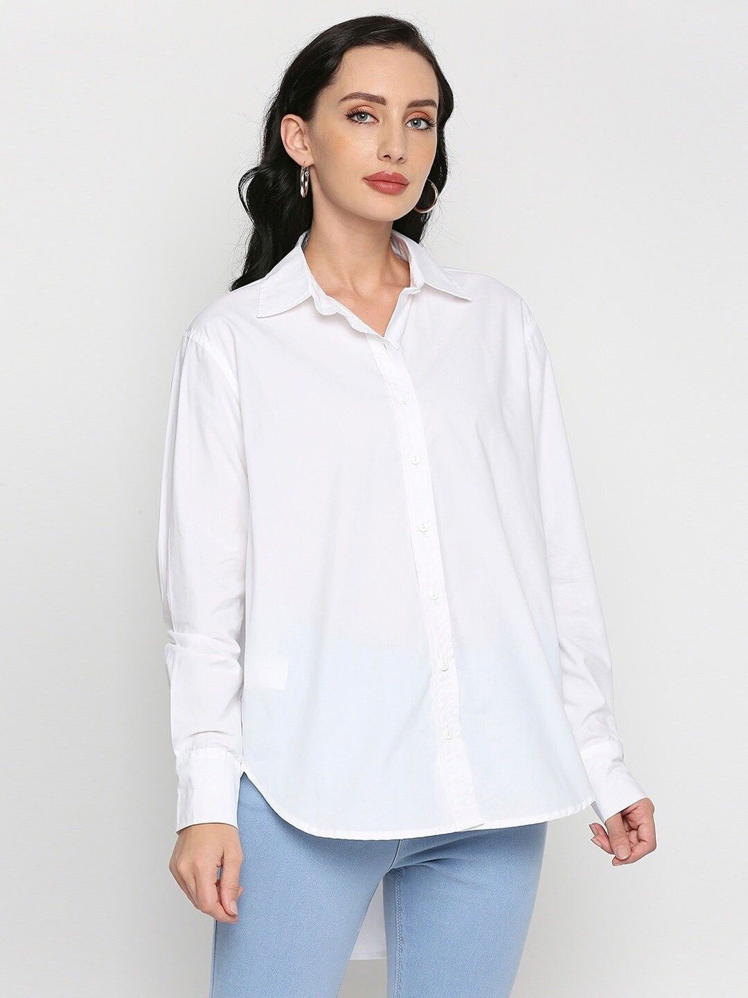 

WHY SO FAB Women Comfort Relaxed Fit Spread Collar Solid Cotton Casual Shirt, White