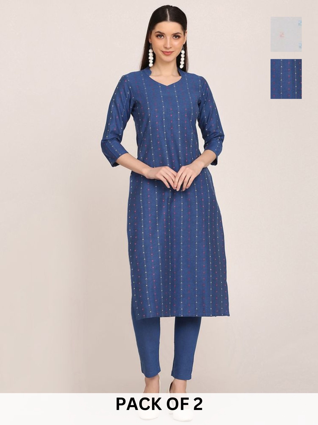 

KALINI Selection Of 2 Geometric Printed Straight Kurta With Trousers, Blue