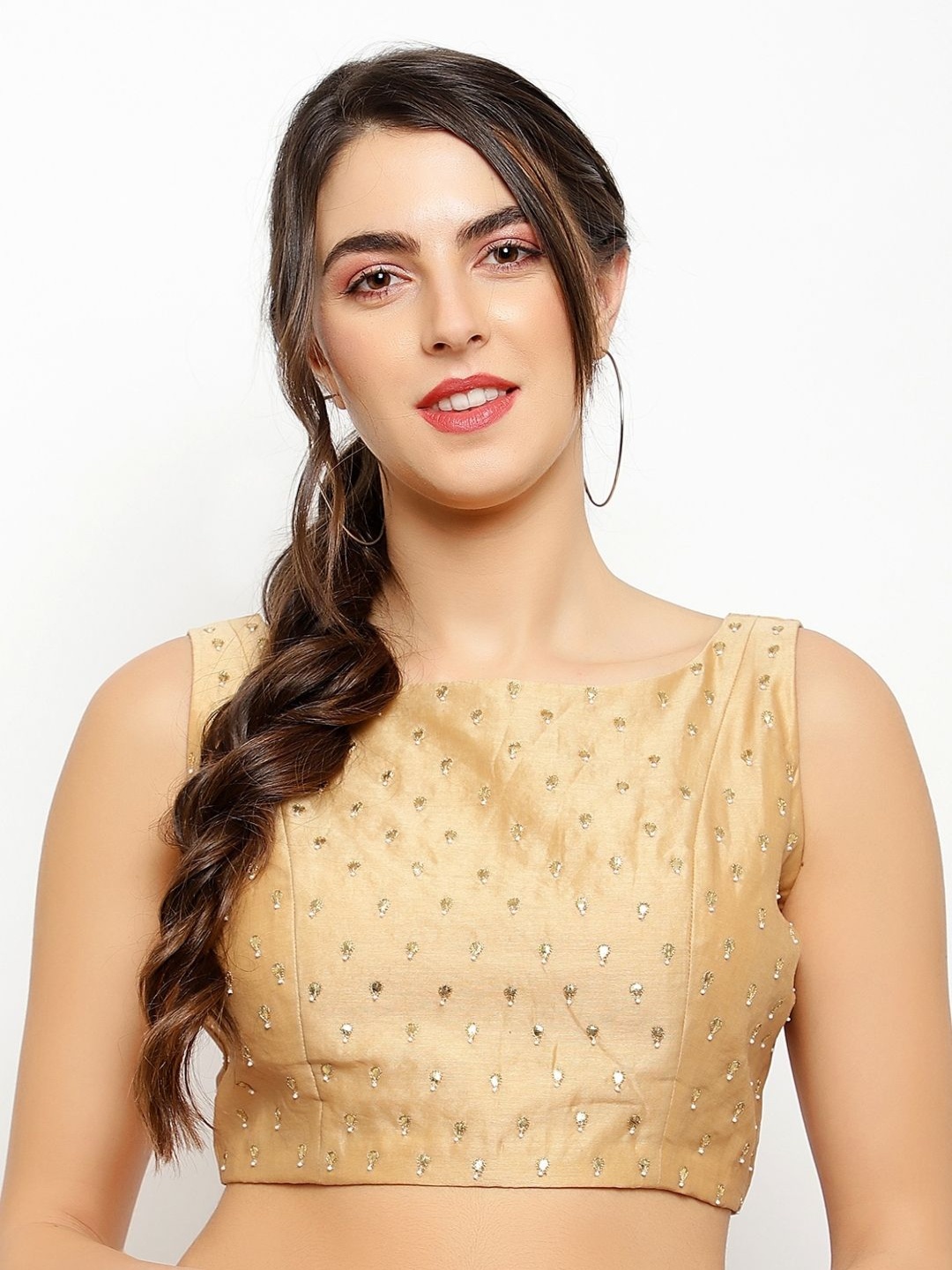 

PALASH Women Embroidered Chanderi Silk Saree Blouse, Beige