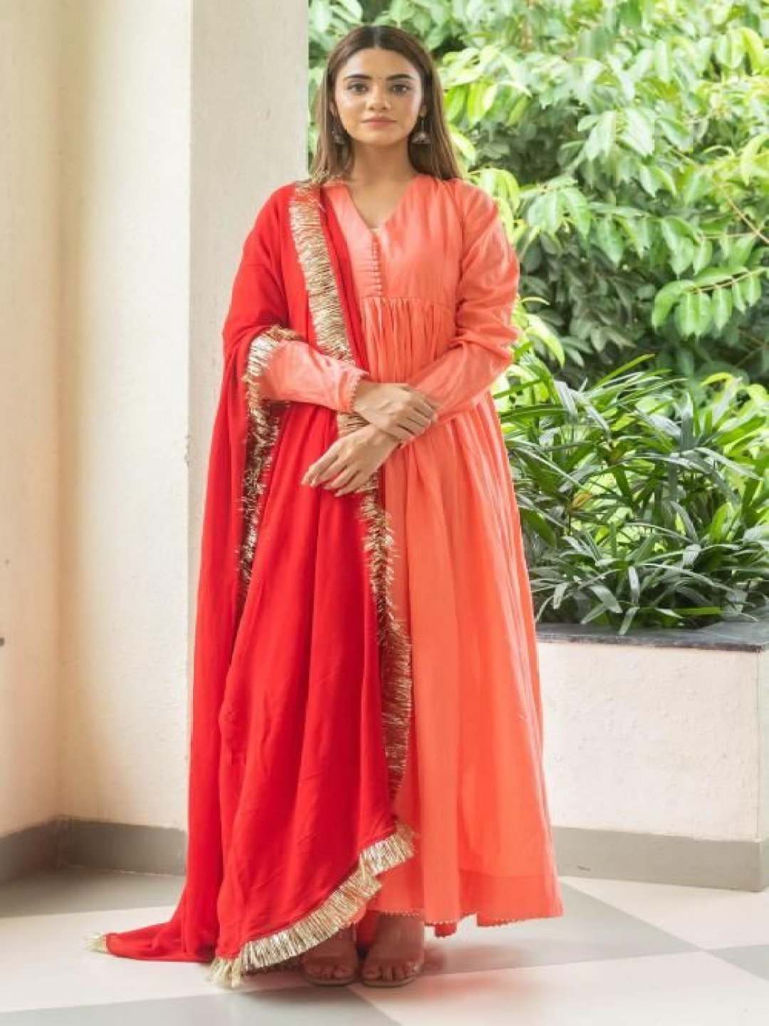 

SUKITI V-Neck Pure Cotton Anarkali Kurta With Trouser And Dupatta, Peach