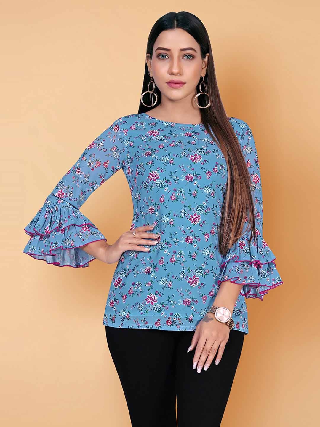 

BAESD Floral Print Bell Sleeve Georgette Top, Blue