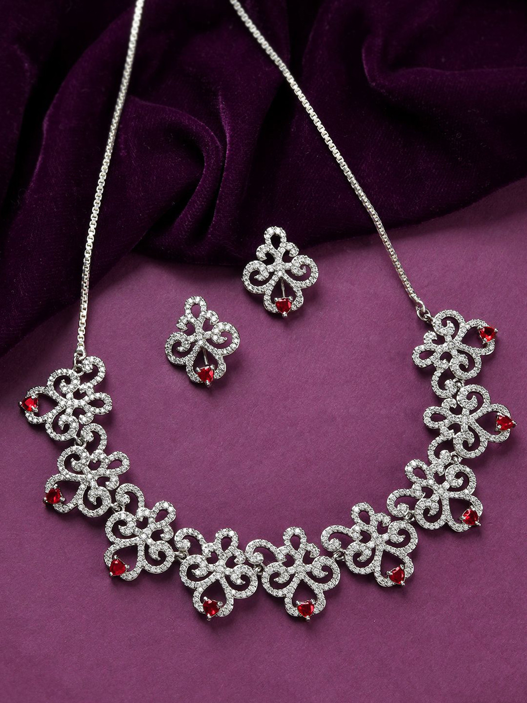 

Voylla Rhodium-Plated American Diamond Studded Royal Romance Anna Collar Jewellery Set, Silver