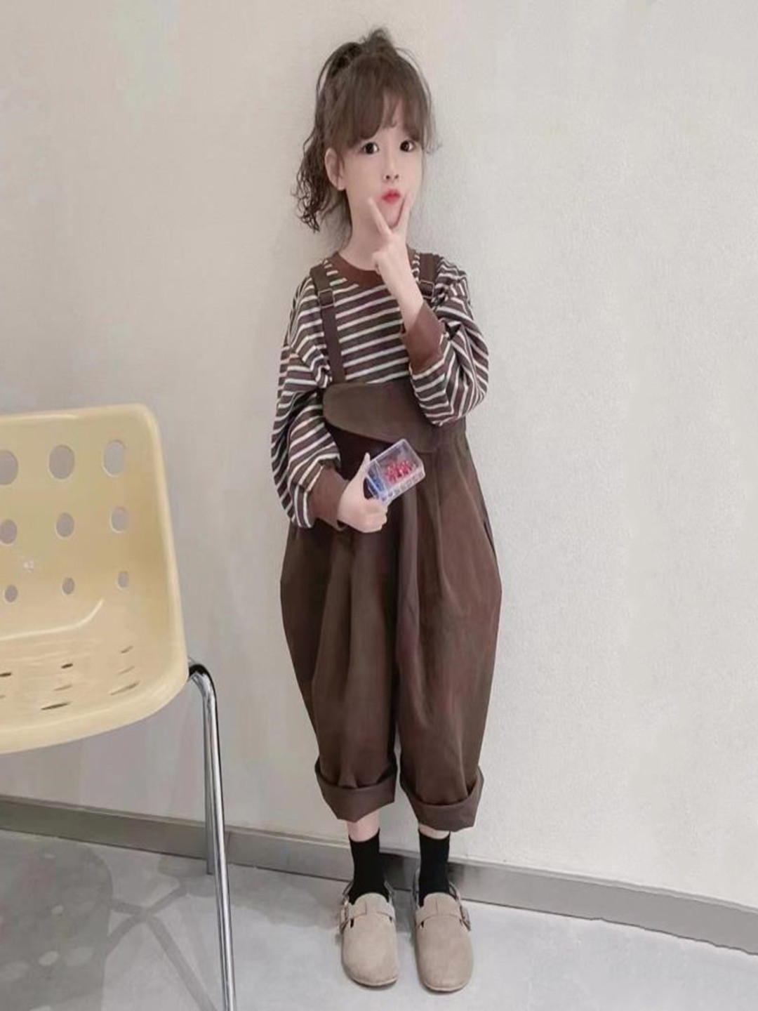 

StyleCast x Revolte Girls Striped Round Neck T-Shirt With Trouser, Coffee brown
