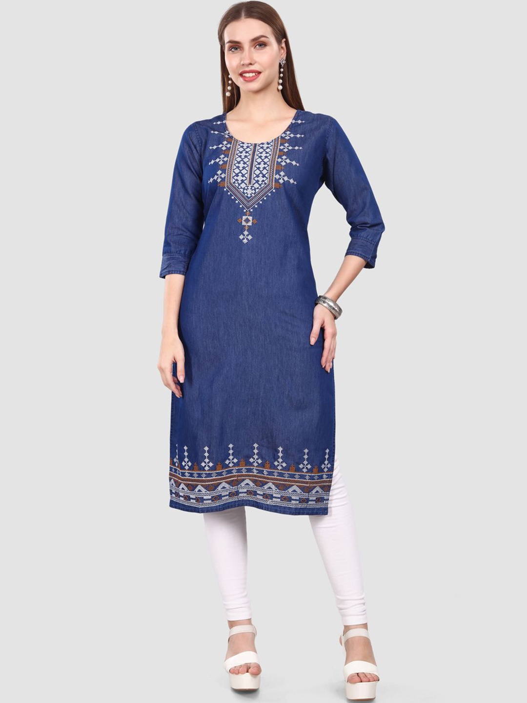 

SK Creation Ethnic Motifs Embroidered Round Neck Denim Straight Kurta, Blue