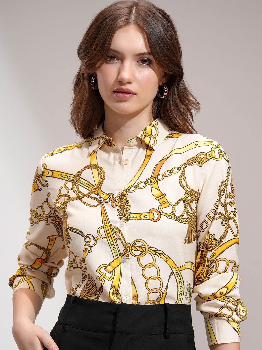

ESPYR By Tokyo Talkies Women Printed Satin Holiday Shirt, Cream