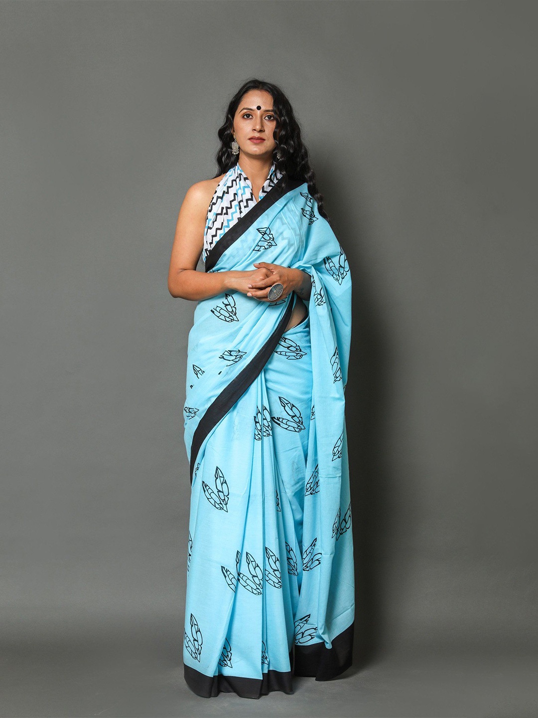 

Craft Musium Floral Pure Cotton Bagru Saree, Blue