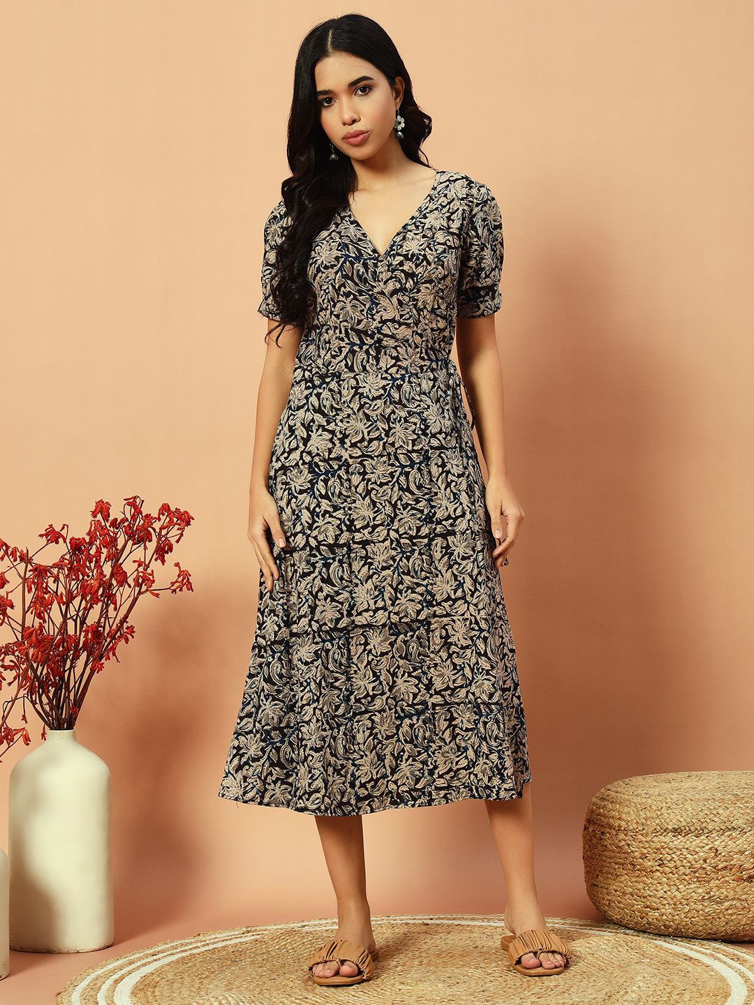 

Bohemian Dream Kalamkari Print Wrap Dress, Beige