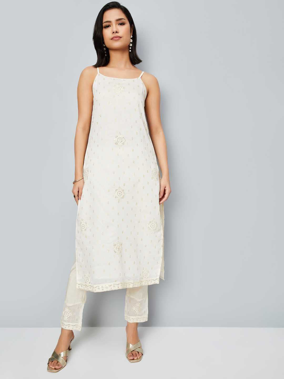 

max Floral Embroidered Shoulder Straps A-line Kurta With Trouser And Dupatta, Off white