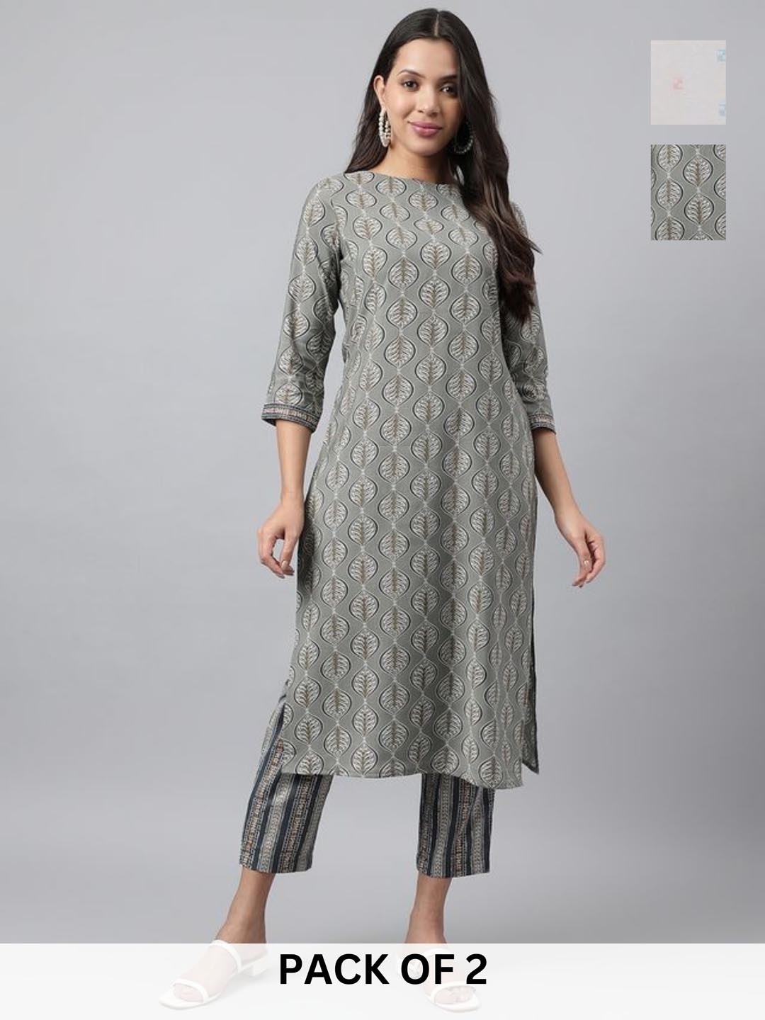 

KALINI Selection Of 2 Floral Round Neck Straight Kurta with Trousers, Grey