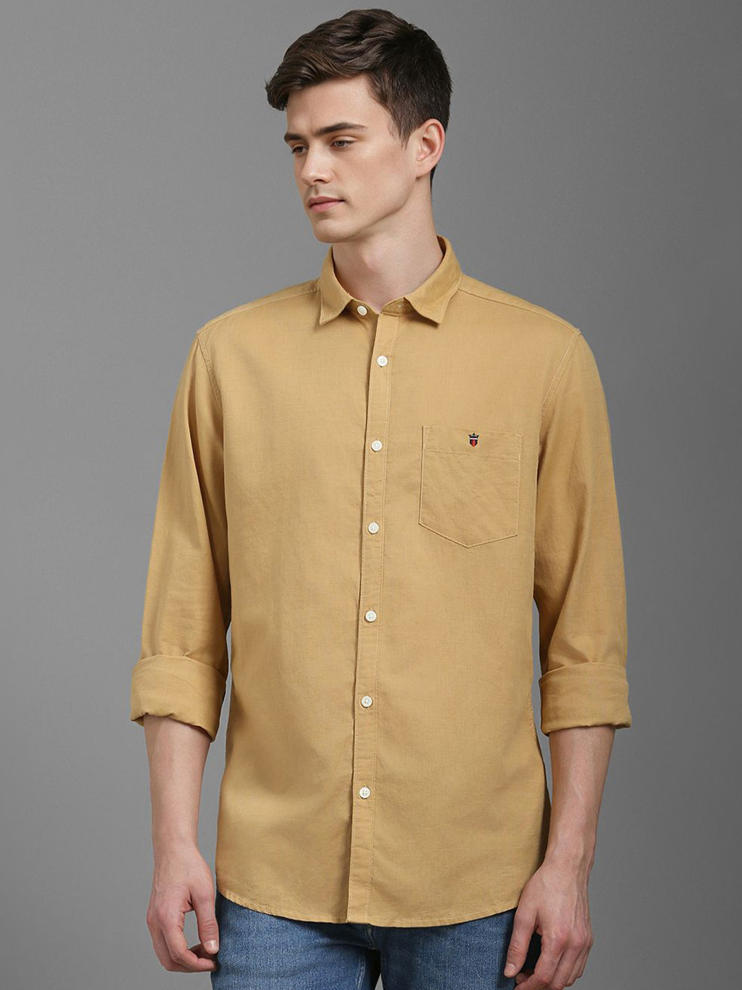 

Louis Philippe Jeans Men Slim Fit Spread Collar Solid Cotton Linen Casual Shirt, Khaki