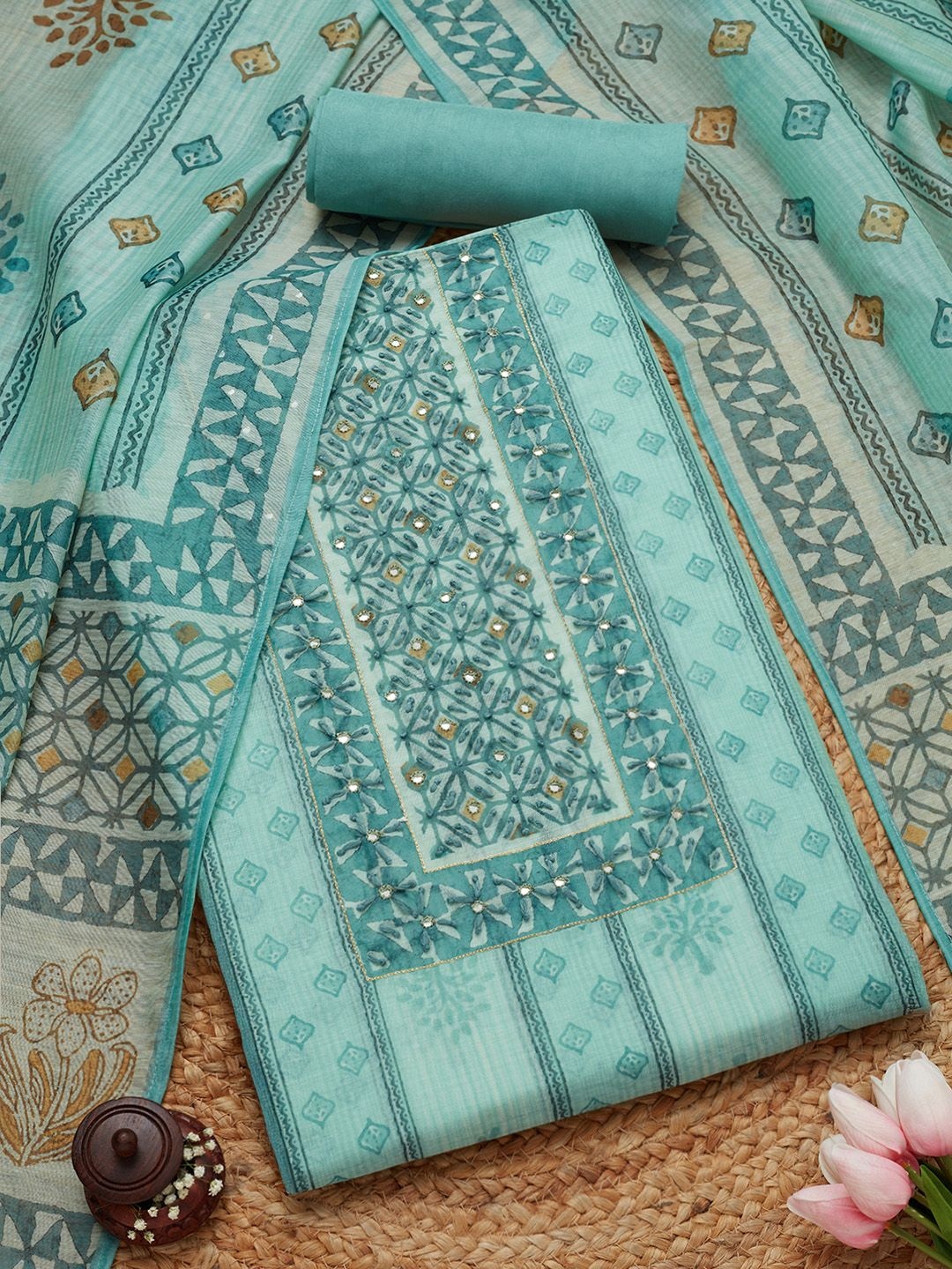 

Soch Geometric Printed Mirror Work Unstitched Dress Material, Teal