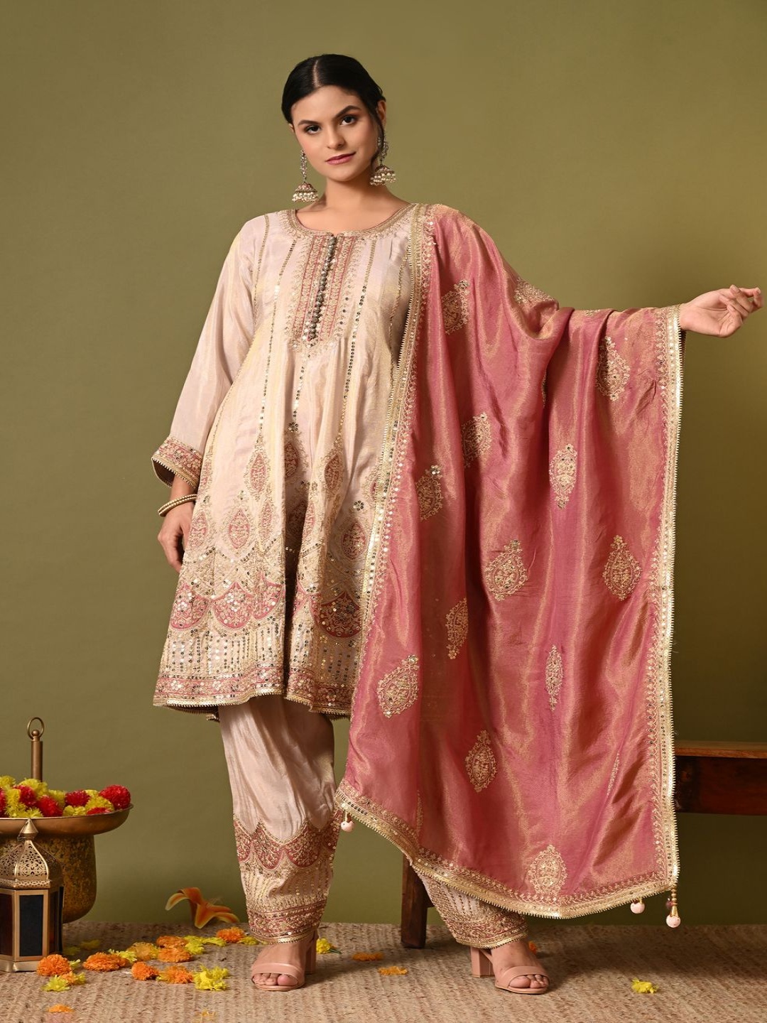 

ZARIKALI Ethnic Motifs Embroidered Sequinned A-Line Kurta With Salwar And Dupatta, Beige