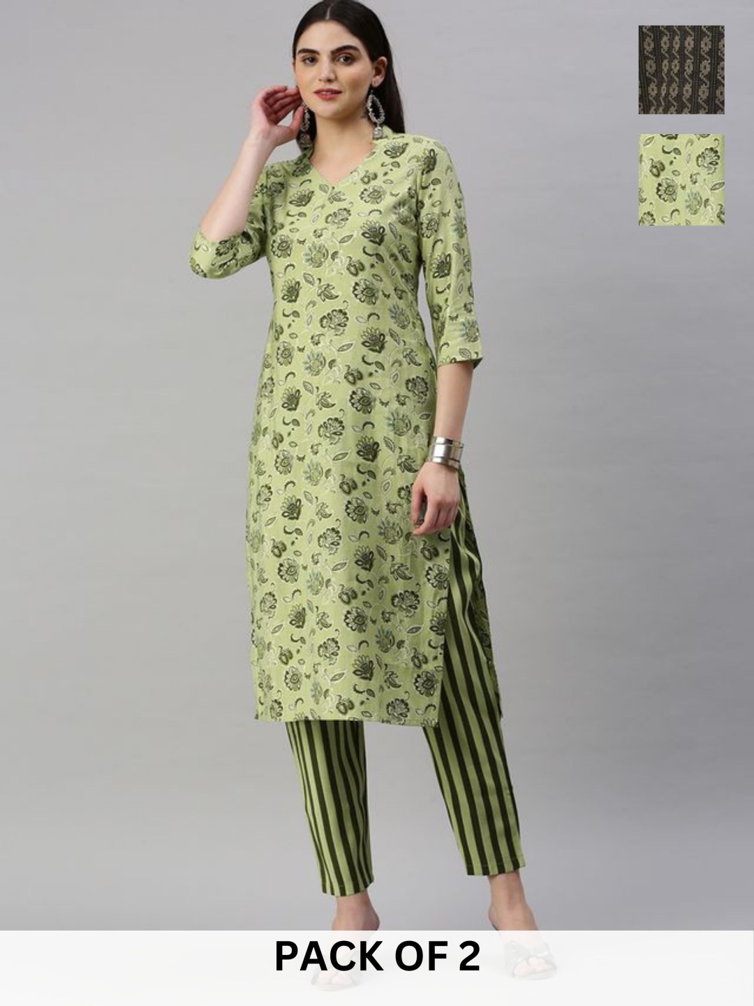 

KALINI Selection Of 2 Floral Printed Straight Kurta with Trousers, Green