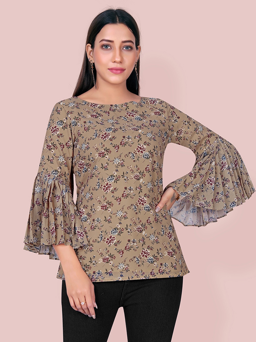 

BAESD Floral Print Bell Sleeve Georgette Top, Beige