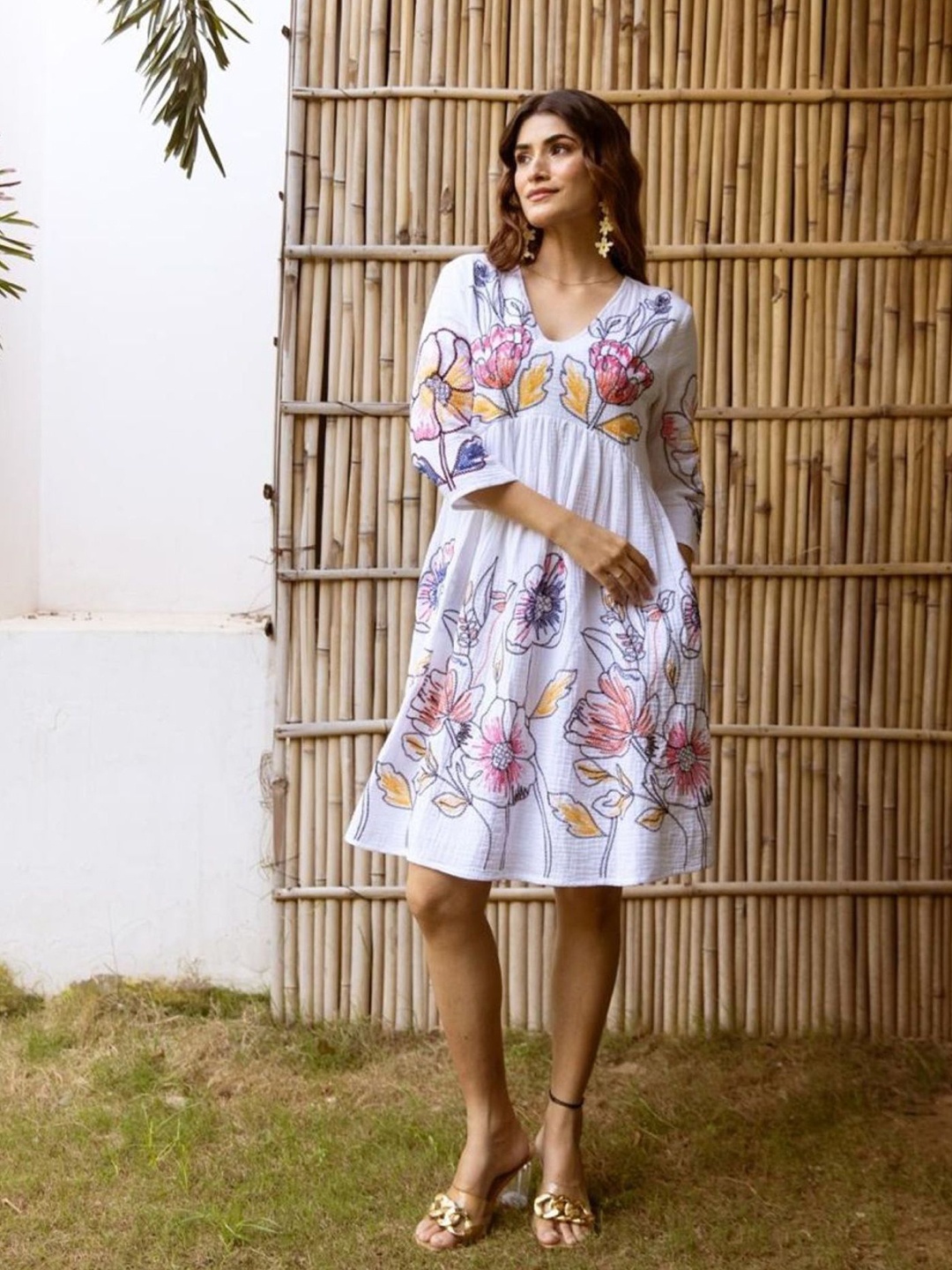 

FREYAA Floral Embroidered Cotton A-Line Dress, White