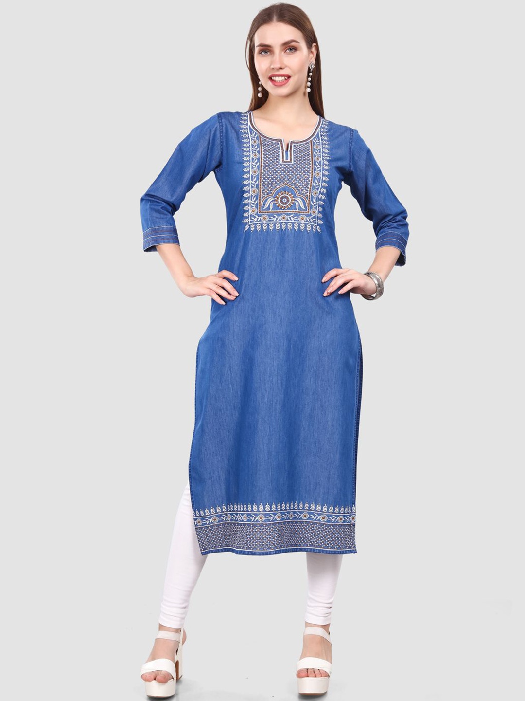 

SK Creation Women Ethnic Motifs Embroidered Thread Work Denim Kurta, Blue