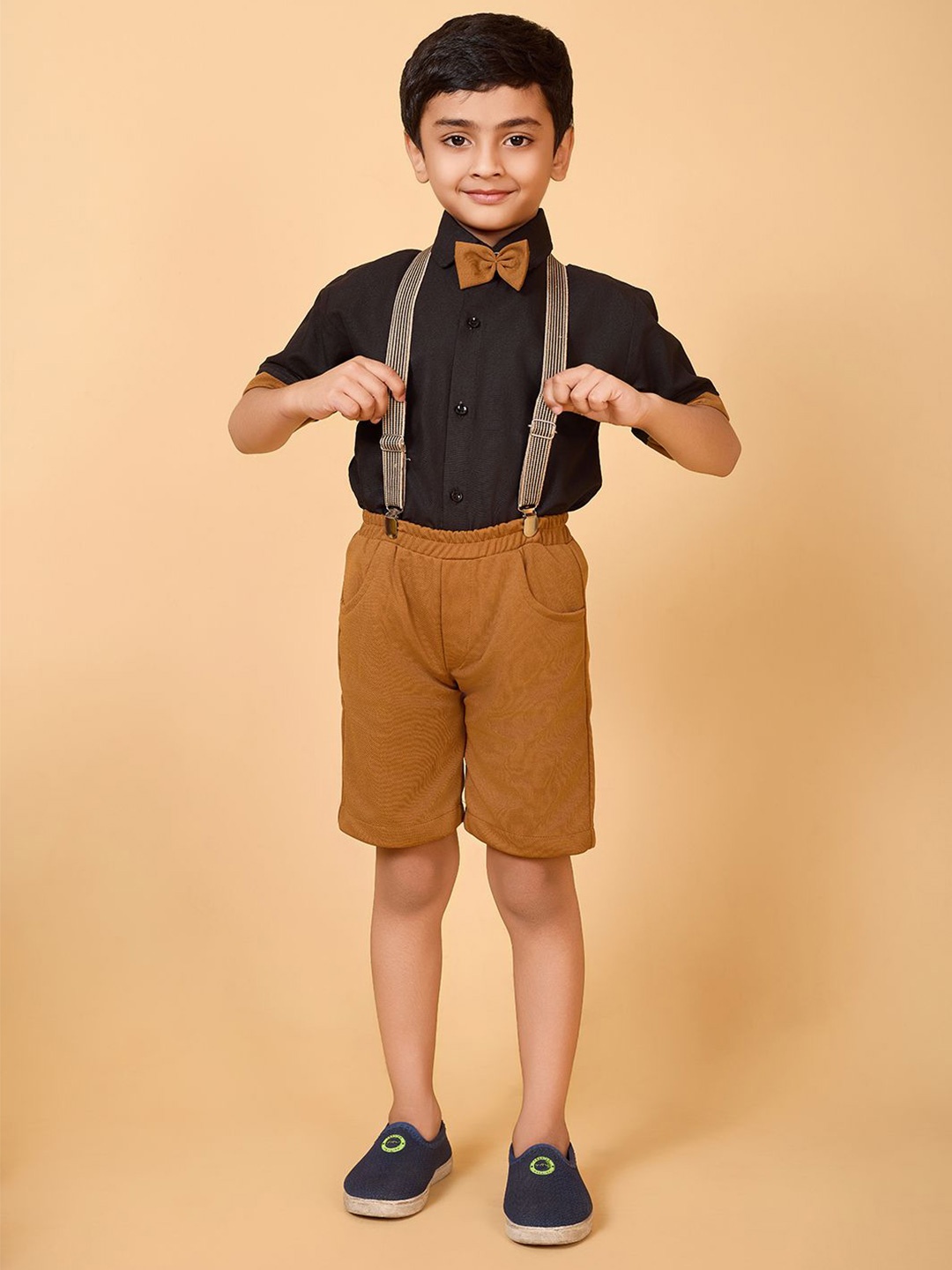

BAESD Boys Short Sleeves Pure Cotton Shirt With Shorts & Suspenders, Black