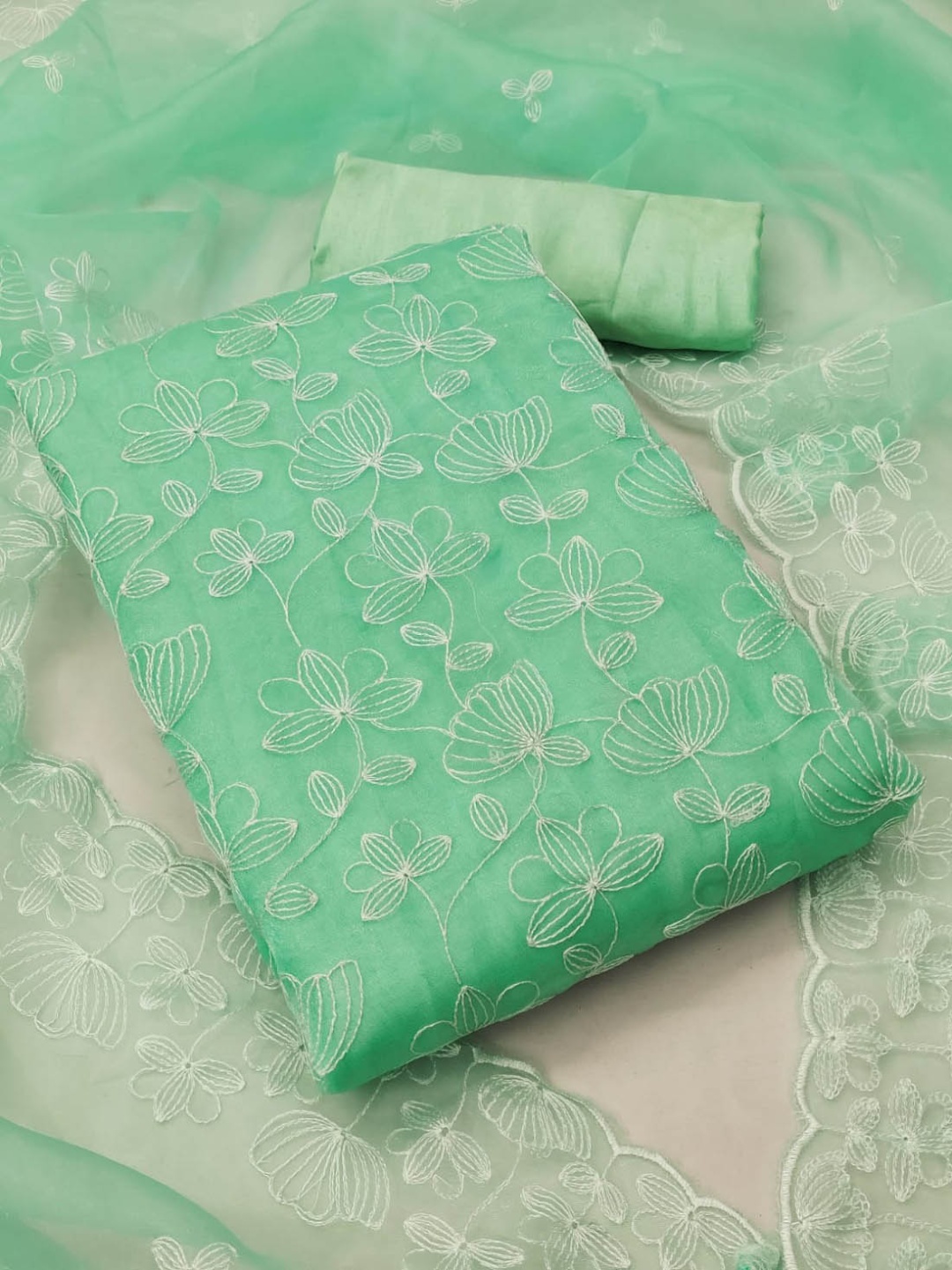 

Aika Floral Embroidered Organza Unstitched Dress Material, Green