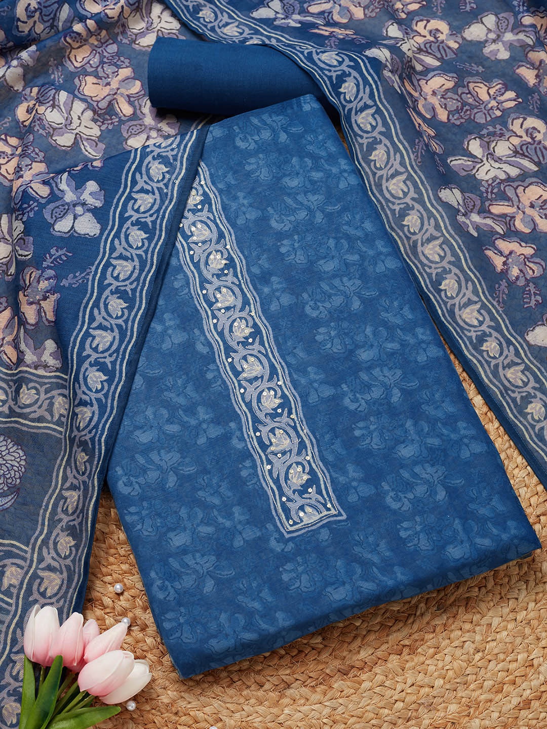 

Soch Floral Printed Sequinned Unstitched Dress Material, Blue