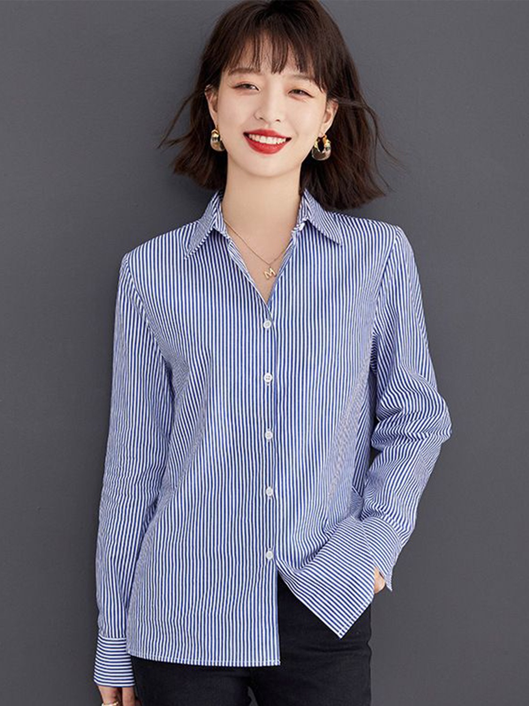 

StyleCast Women Spread Collar Vertical Striped Cotton Casual Shirt, Blue
