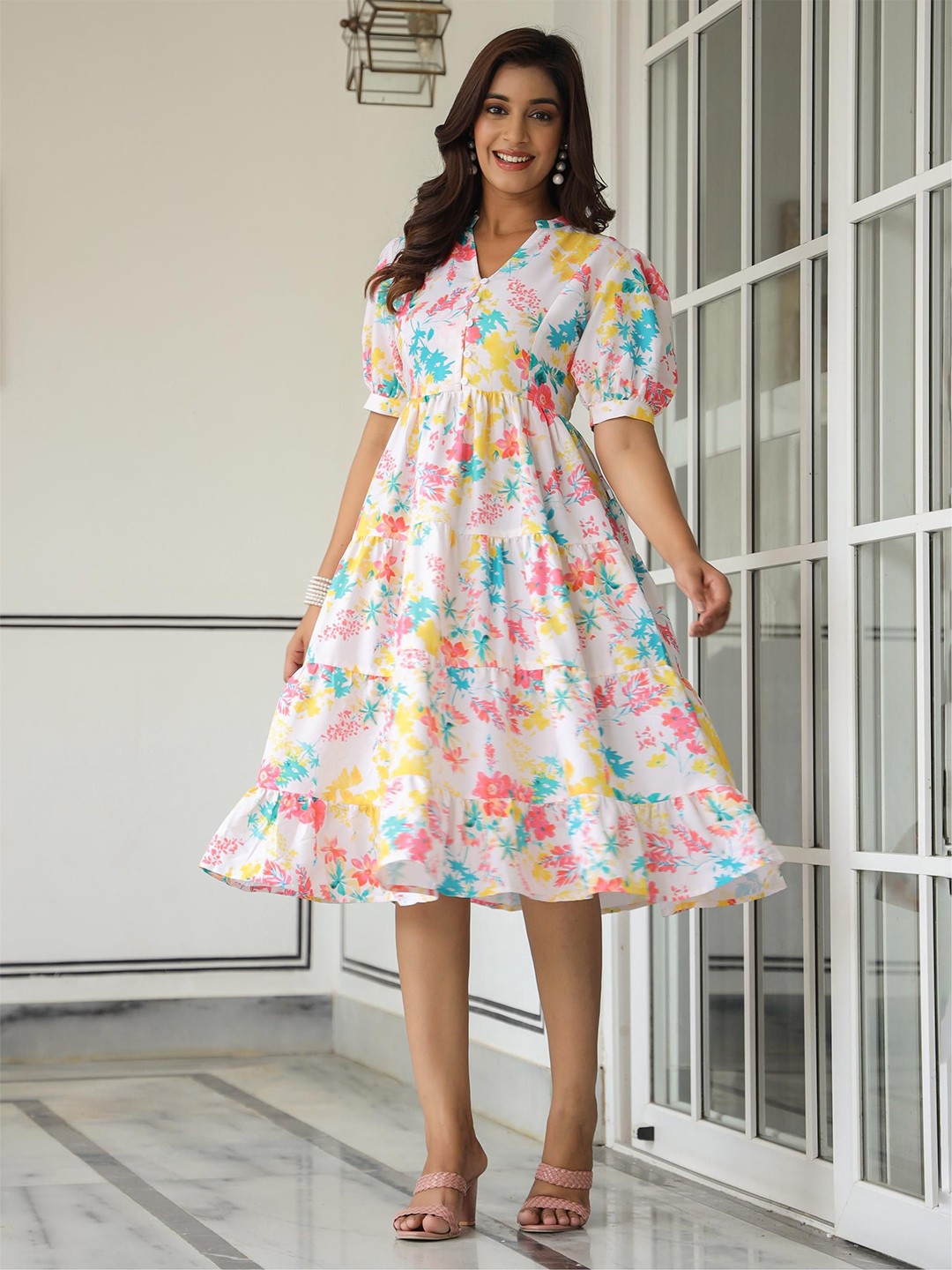 

Mast & Harbour Floral Printed Tiered Fit & Flare Dress, White
