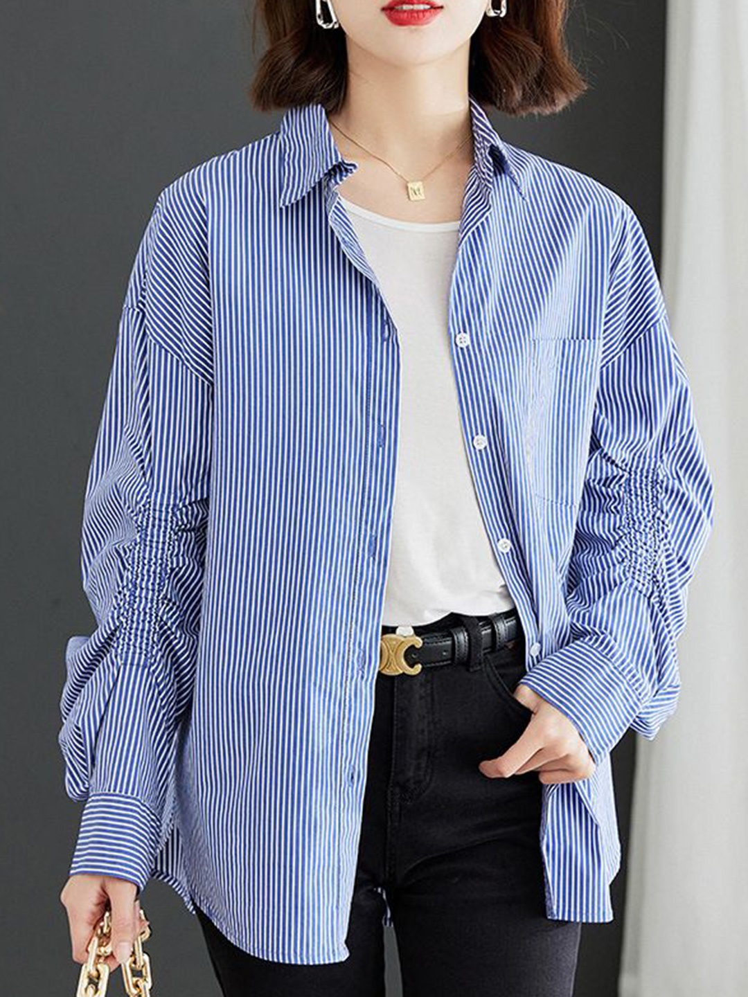 

StyleCast Women Relaxed Fit Spread Collar Vertical Striped Cotton Casual Shirt, Blue