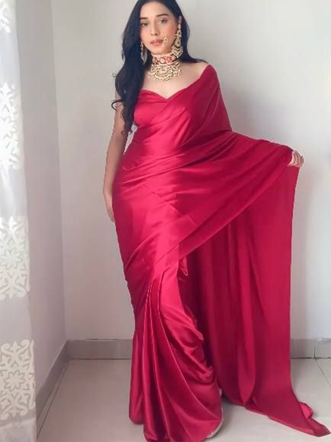 

HMP Fashion Satin Ready to Wear Saree, Red