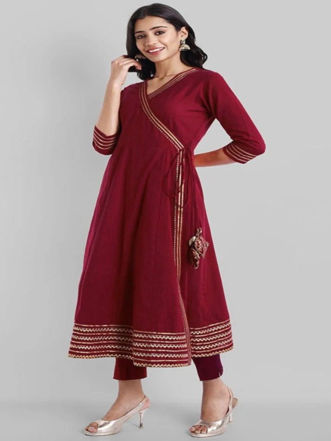 

Mera Rang Angrakha Gotta Patti Pure Cotton Anarkali Kurta with Trousers, Maroon