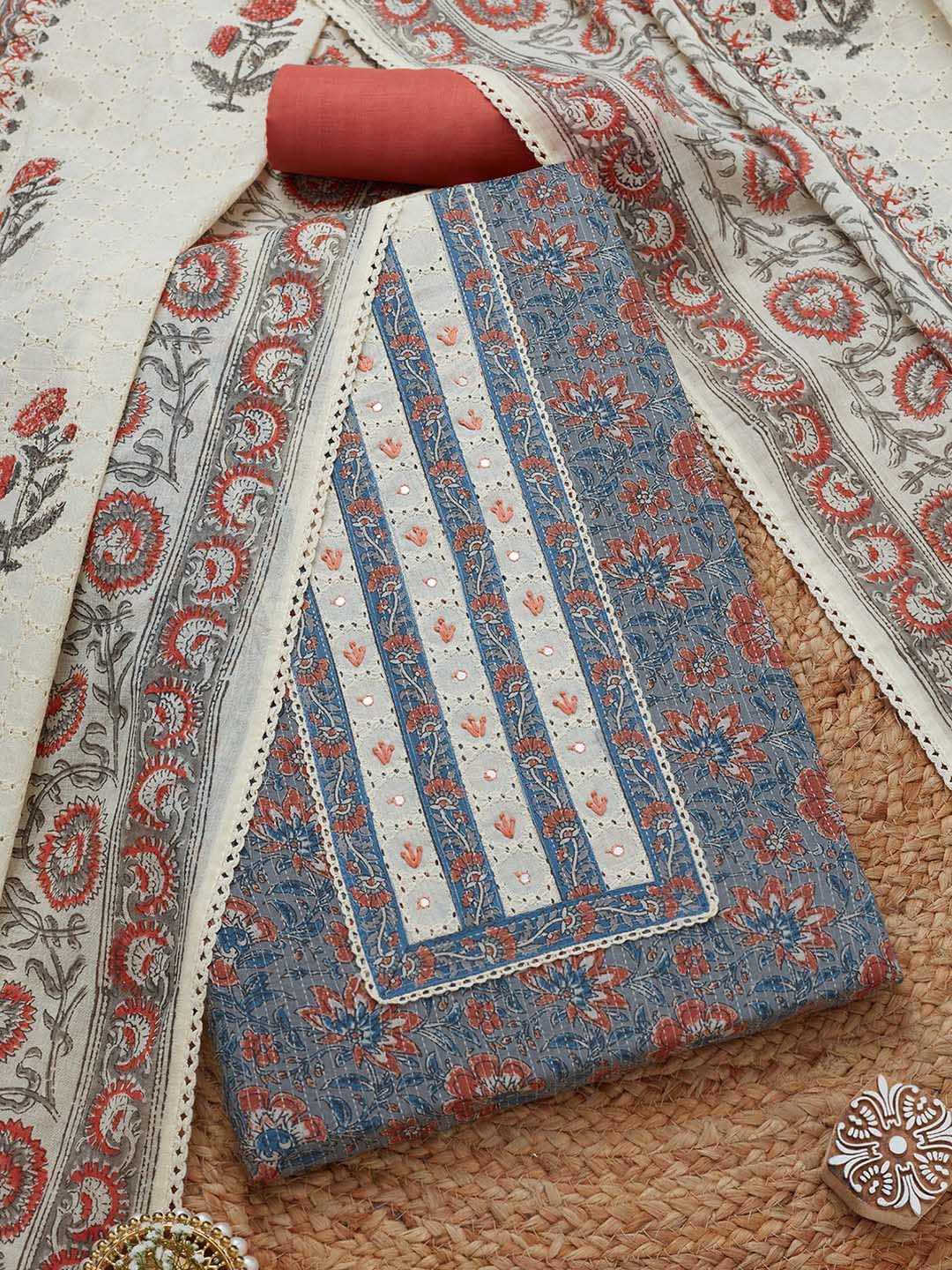 

Soch Floral Printed Thread Work Unstitched Dress Material, Grey