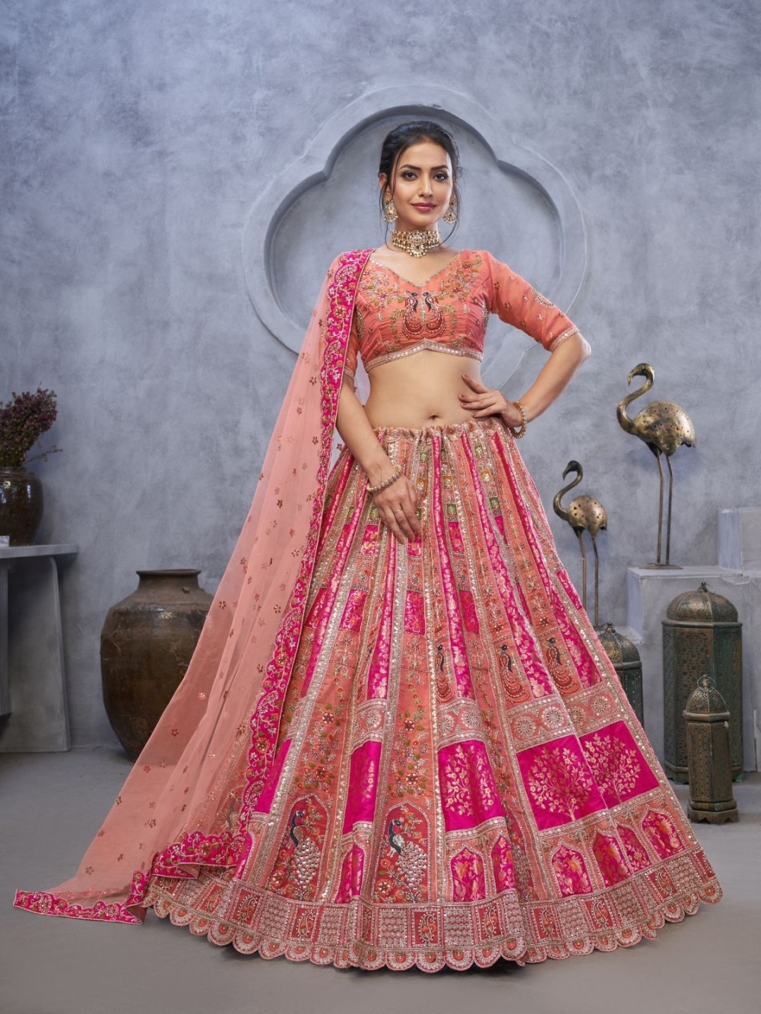 

ODETTE Embellished Zardozi Semi-Stitched Lehenga & Unstitched Blouse With Dupatta, Peach