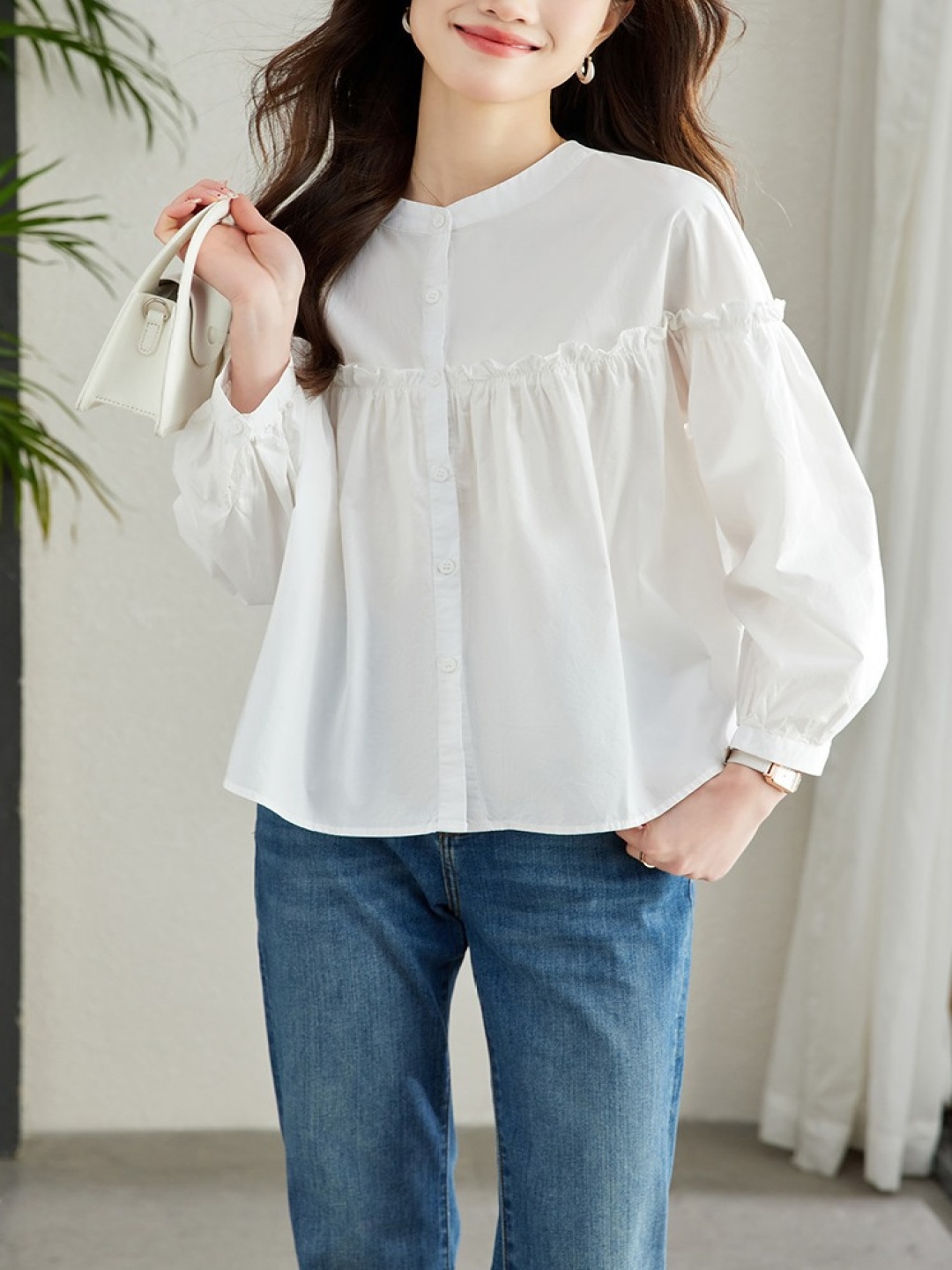 

StyleCast Women Solid Band Collar Cotton Casual Shirt, White