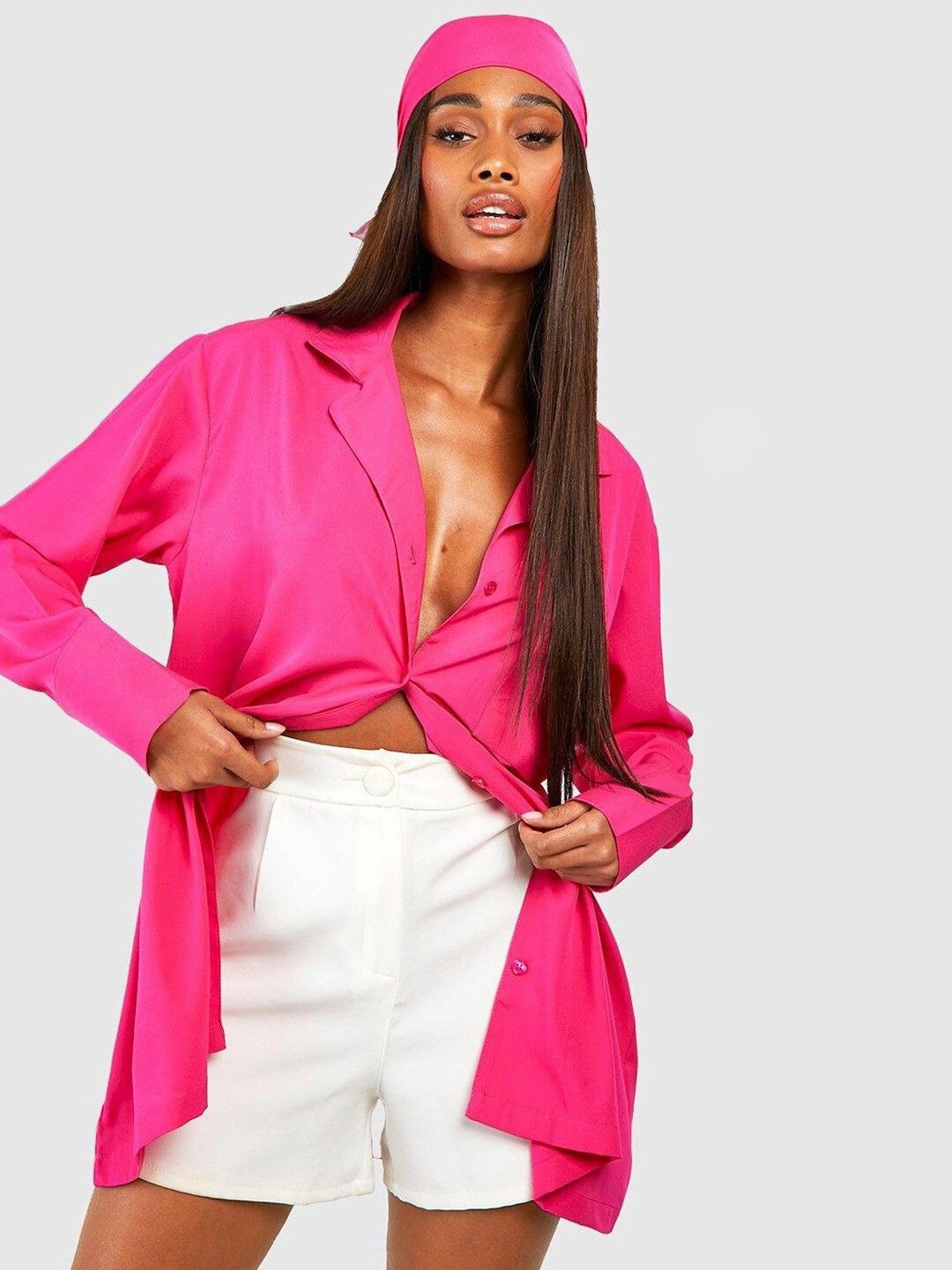 

WHY SO FAB Women Comfort Oversized Fit Cuban Collar Solid Cotton Casual Shirt, Pink