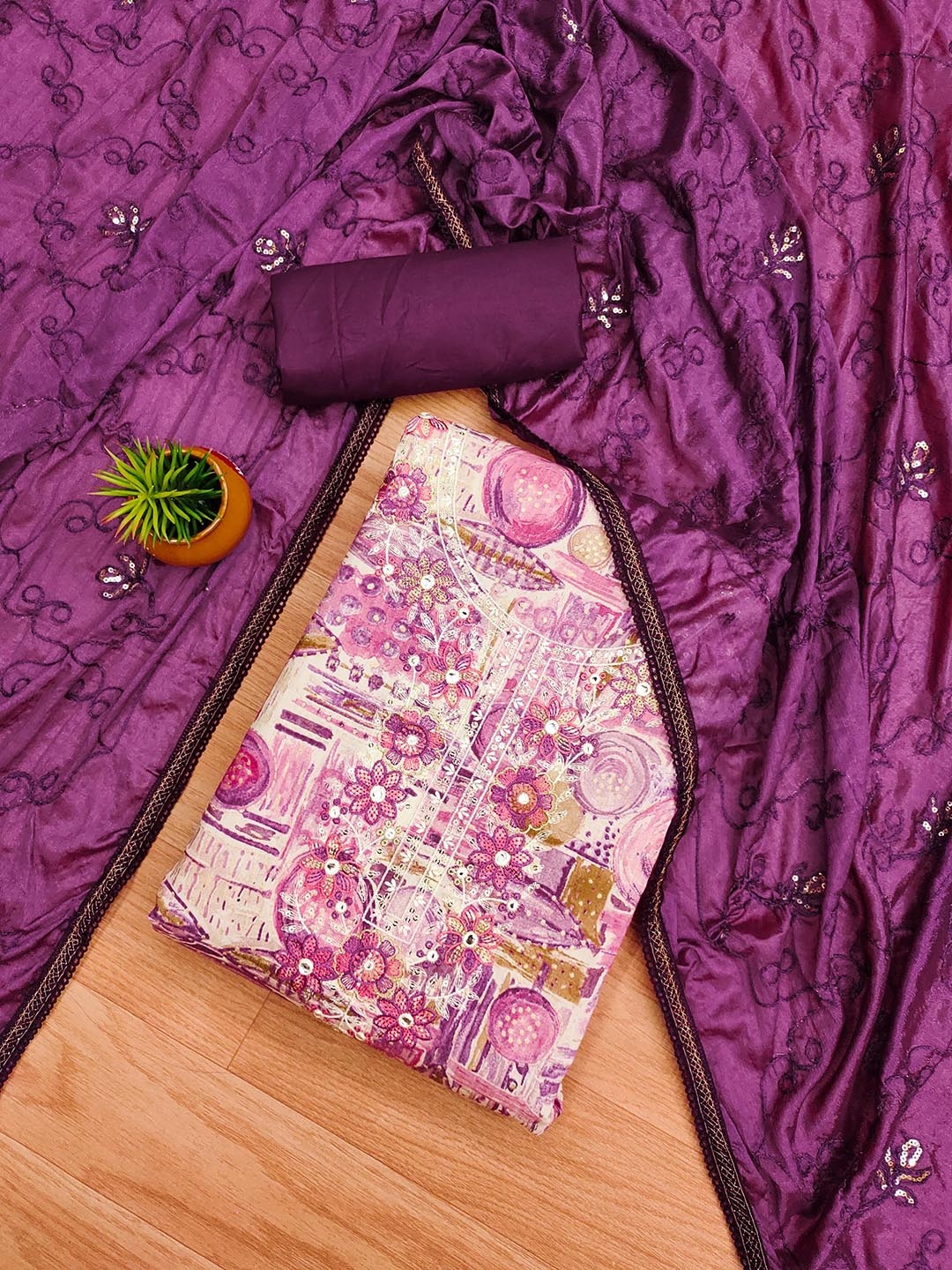 

HERE&NOW Floral Embroidered Cotton Unstitched Dress Material, Purple
