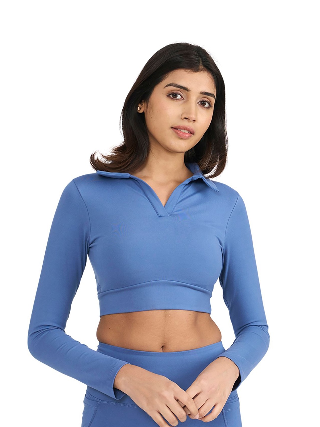 

Hunnit Women Shirt Collar Long Sleeve Crop Fitted Top, Blue