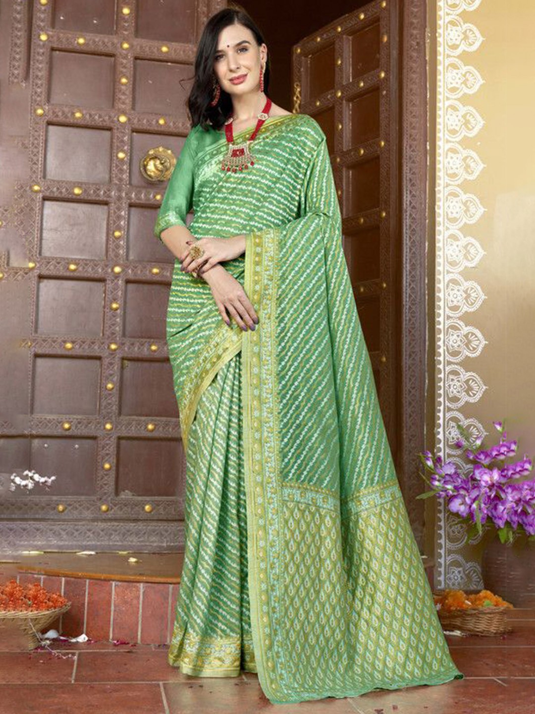 

sagarika Woven Design Zari Chanderi Saree, Green