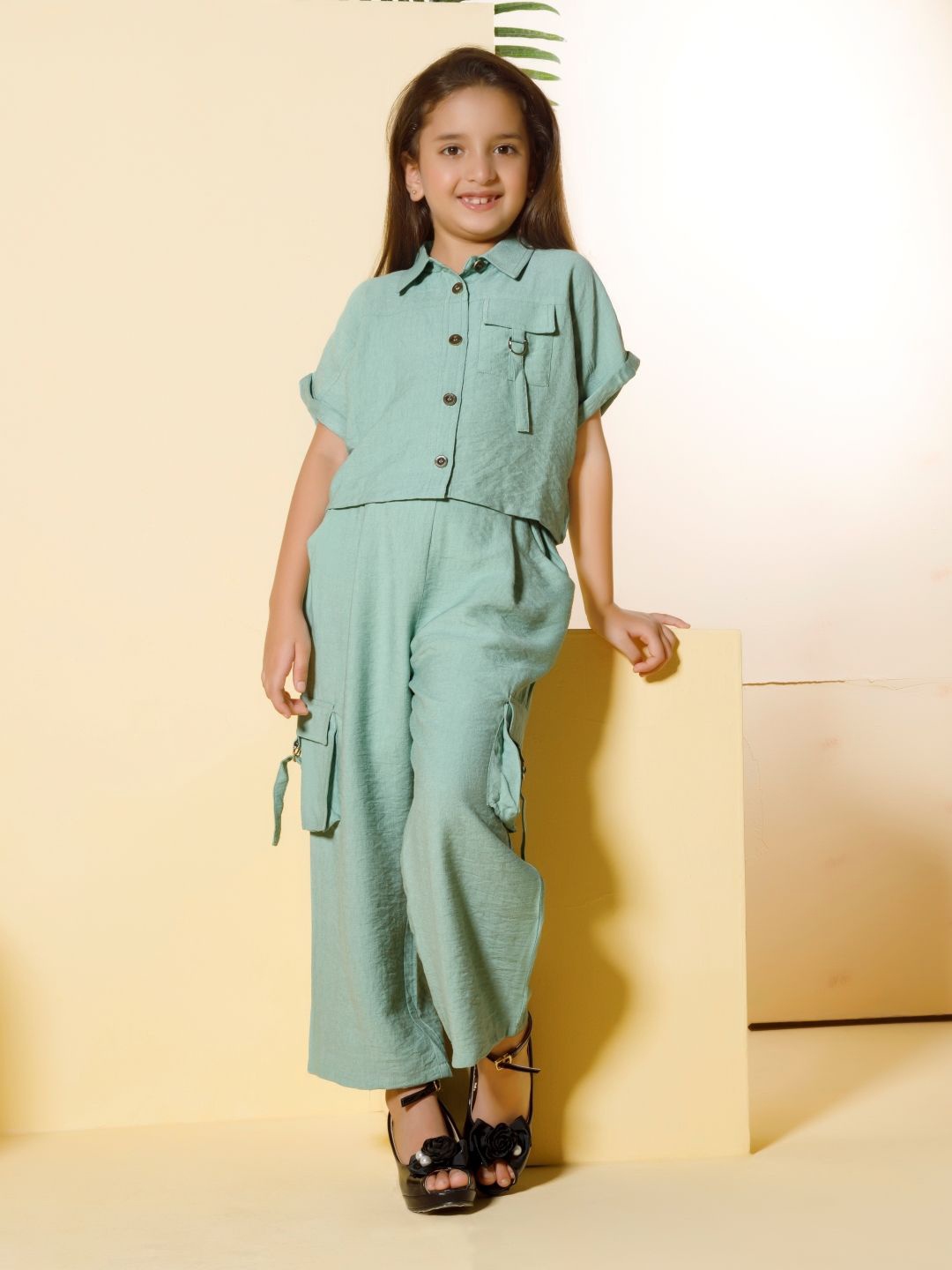 

Peppermint Pastel Princess Girls Shirt Collar Shirt With Trousers, Sea green