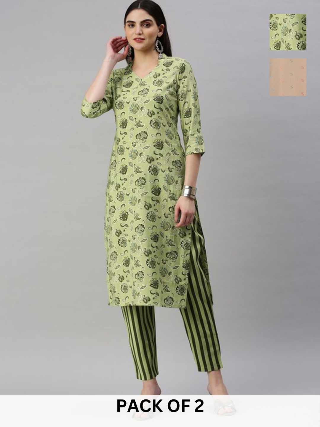 

KALINI Selection Of 2 Floral Printed V-Neck Straight Kurtas With Trousers, Green