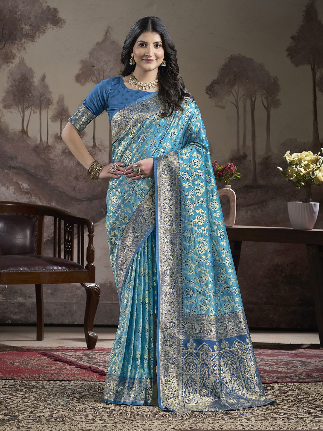 

Manu Designer Woven Design Zari Silk Blend Banarasi Saree, Blue