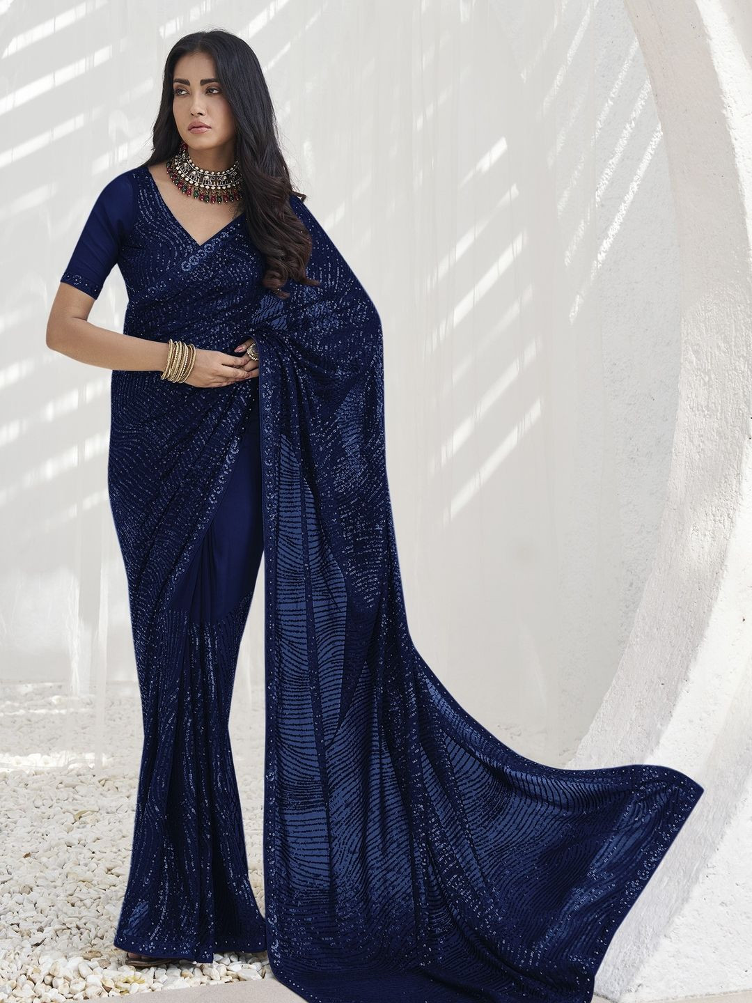 

Suha Embellished Sequinned Saree, Blue