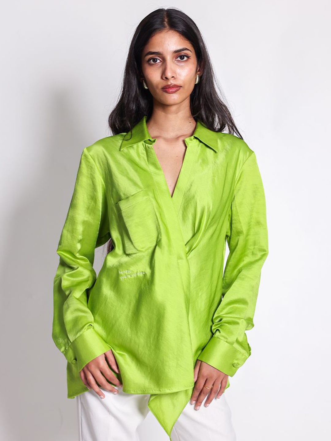 

Arya Giri Women Custom Solid Spread Collar Modal Casual Shirt, Lime green