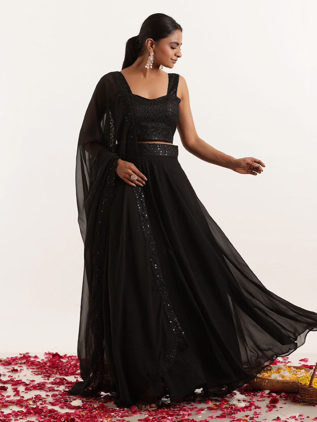 

Deasha Embroidered Sequinned Ready to Wear Lehenga & Blouse With Dupatta, Black