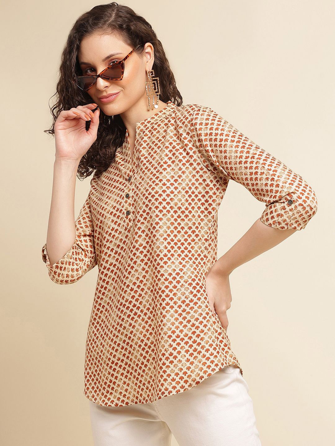 

DressBerry Women Printed Mandarin Collar Roll-Up Sleeves Top, Mustard