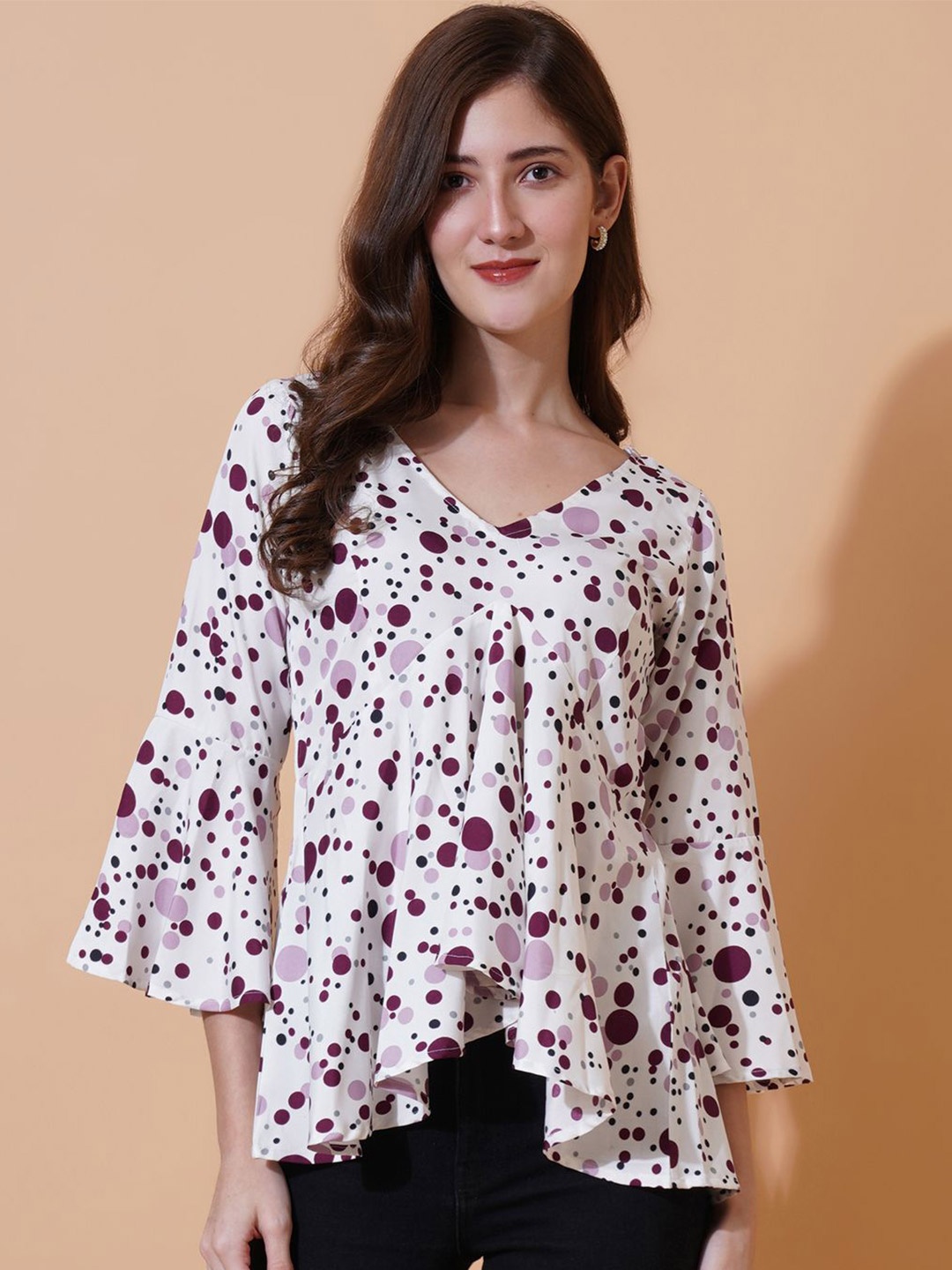 

Moda Rapido Polka Dot Print Bell Sleeve Ruffles Crepe Top, White
