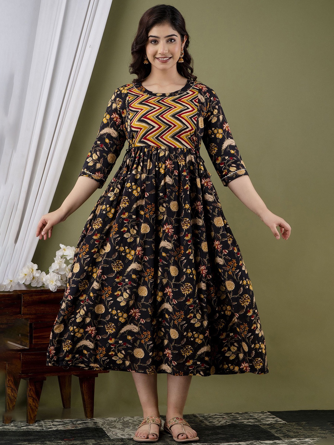 

FEMARY Women Floral Printed Maternity Cotton Fit & Flare Midi Dress, Black