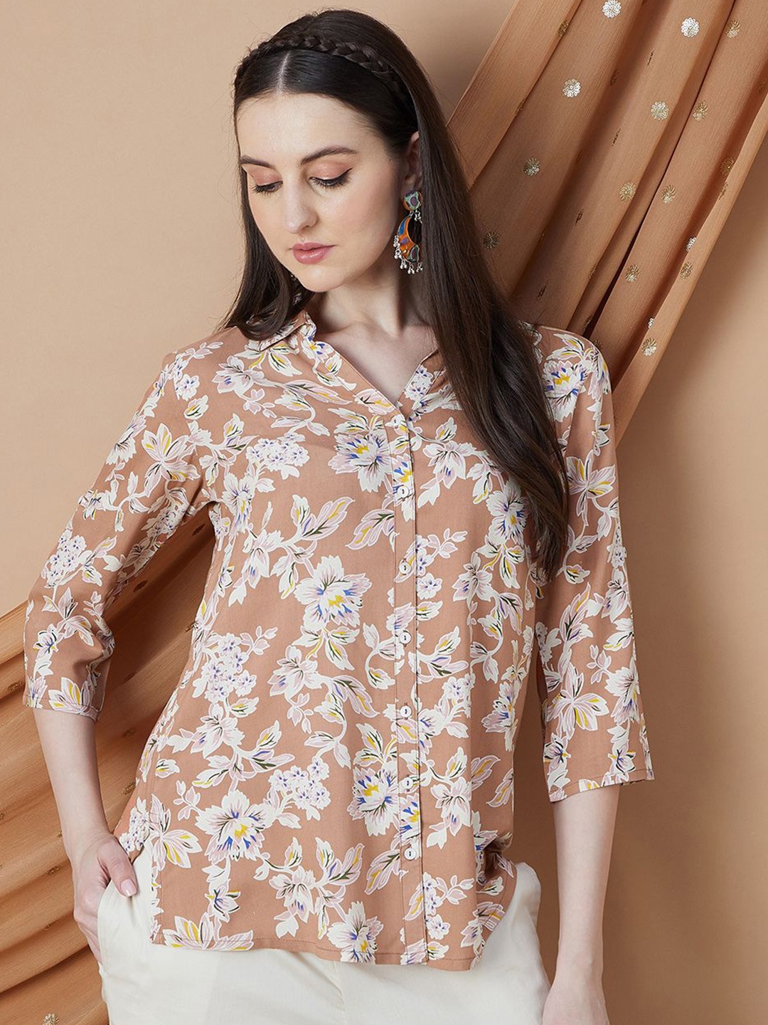 

Melange by Lifestyle Floral Printed Shirt Collar Kurti, Rust