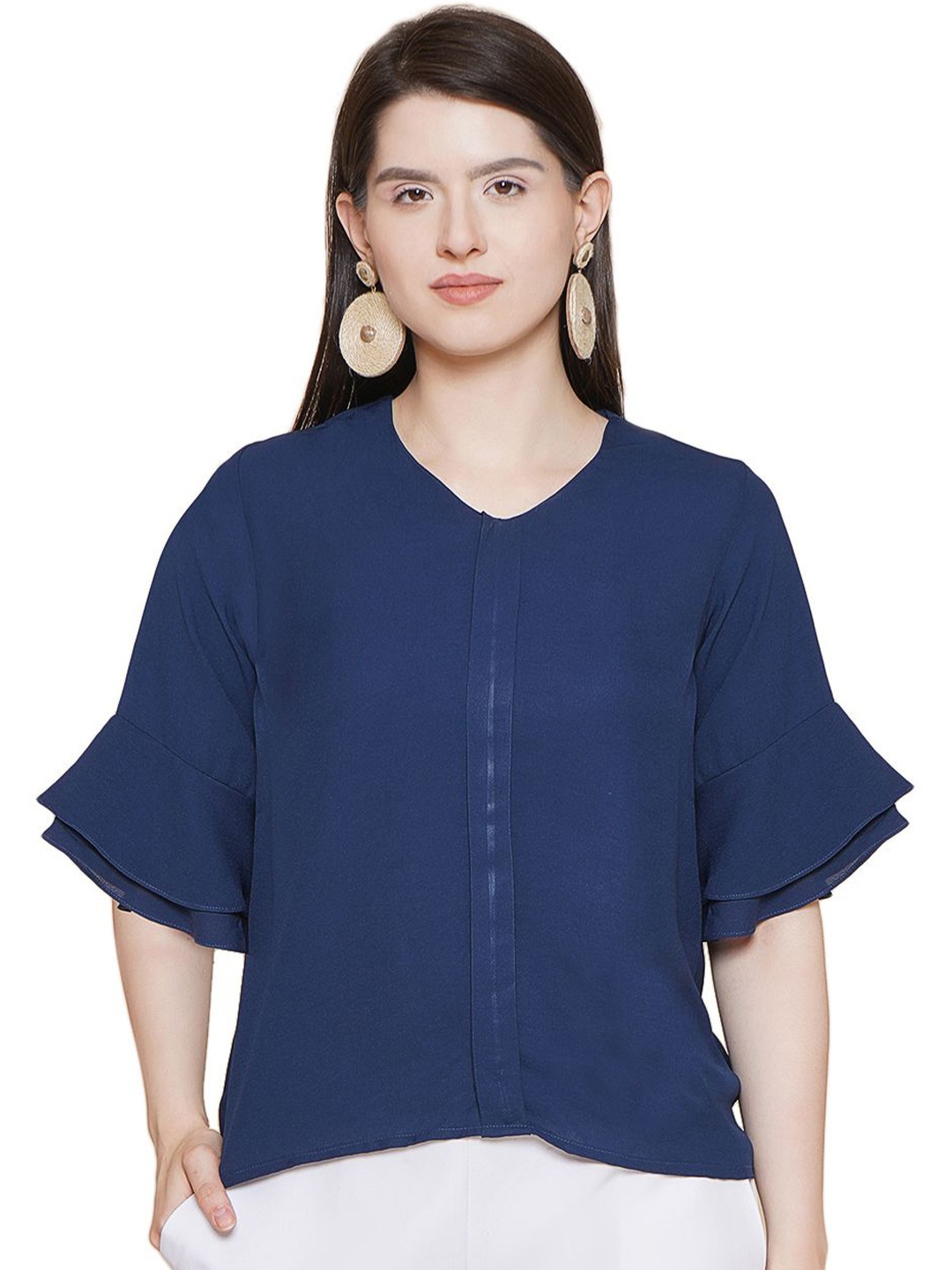 

JAKANARY Bell Sleeve Georgette Top, Navy blue