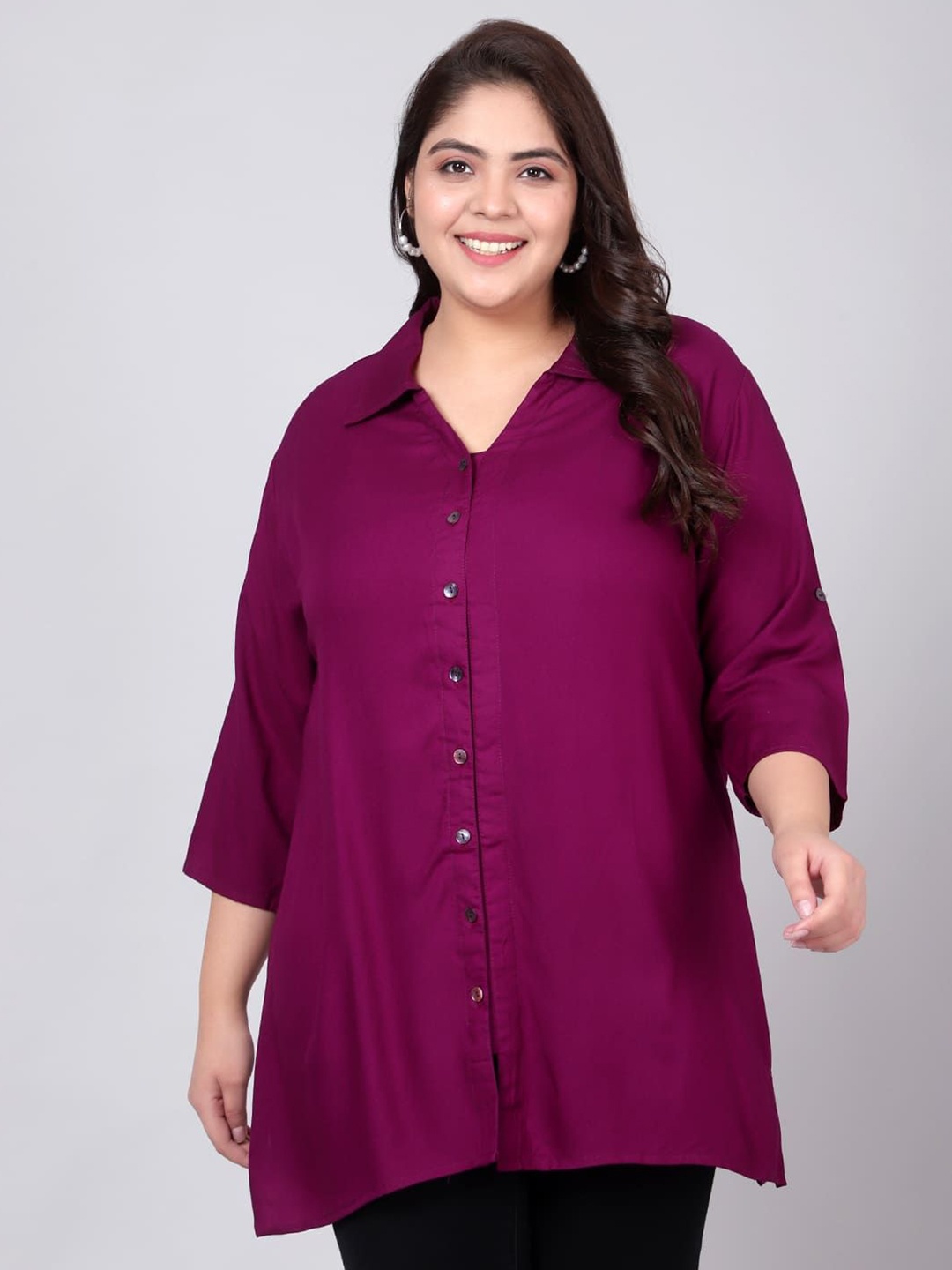 

Indietoga Women Plus Size Classic Solid Spread Collar Casual Shirt, Burgundy