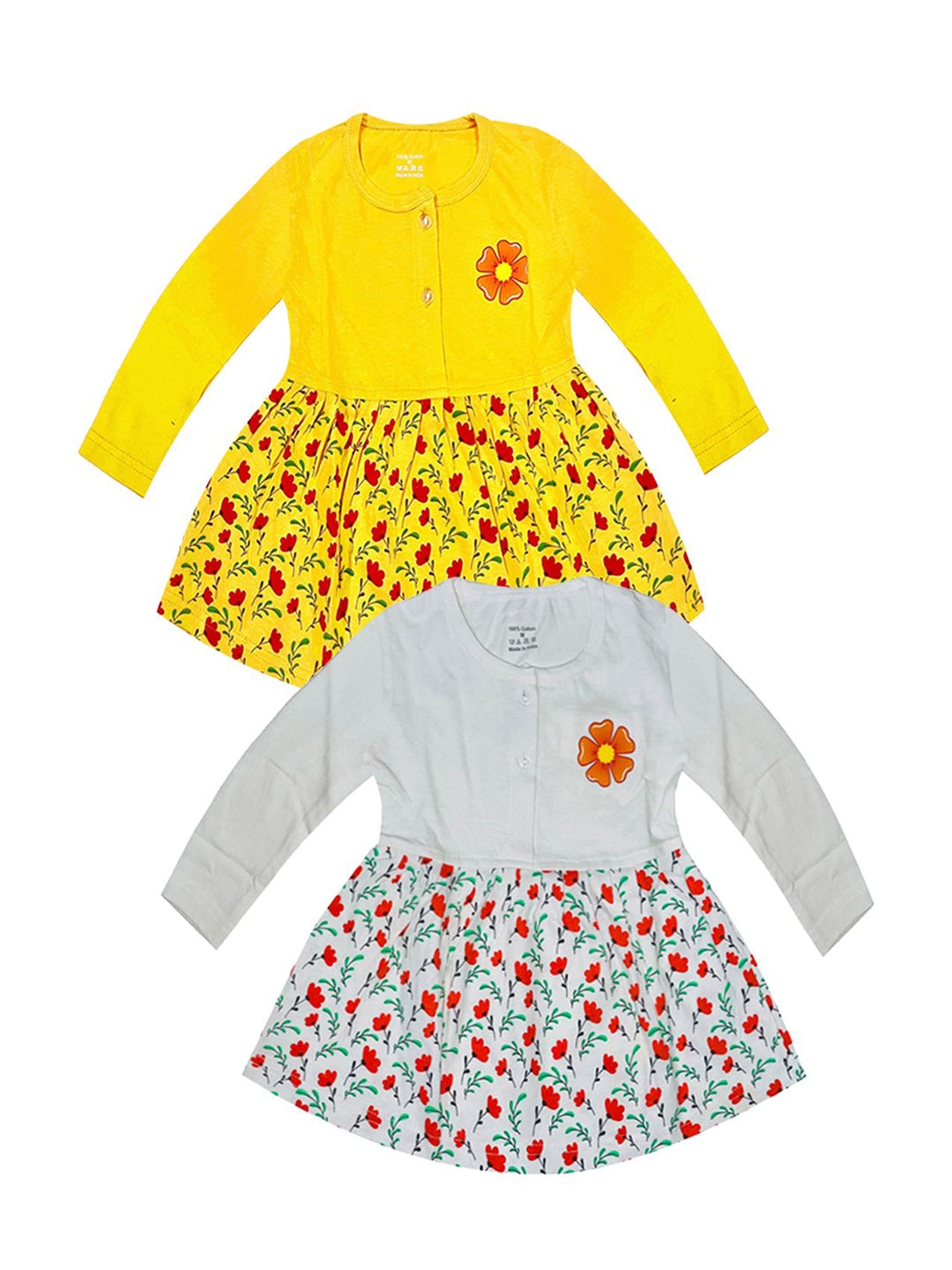 

KidzzCart Girls Pack Of 2 Floral Printed Cotton Fit & Flare Dress, Yellow